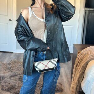 Genuine Leather Quilt Lined Jacket Black 90s Minimalist Business Casual Preppy L